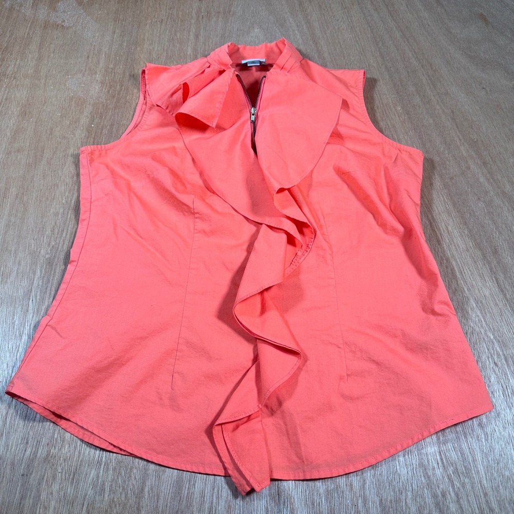 Worthington Ruffle Front Blouse Women Medium Coral Orange Sleeveless Zip Top